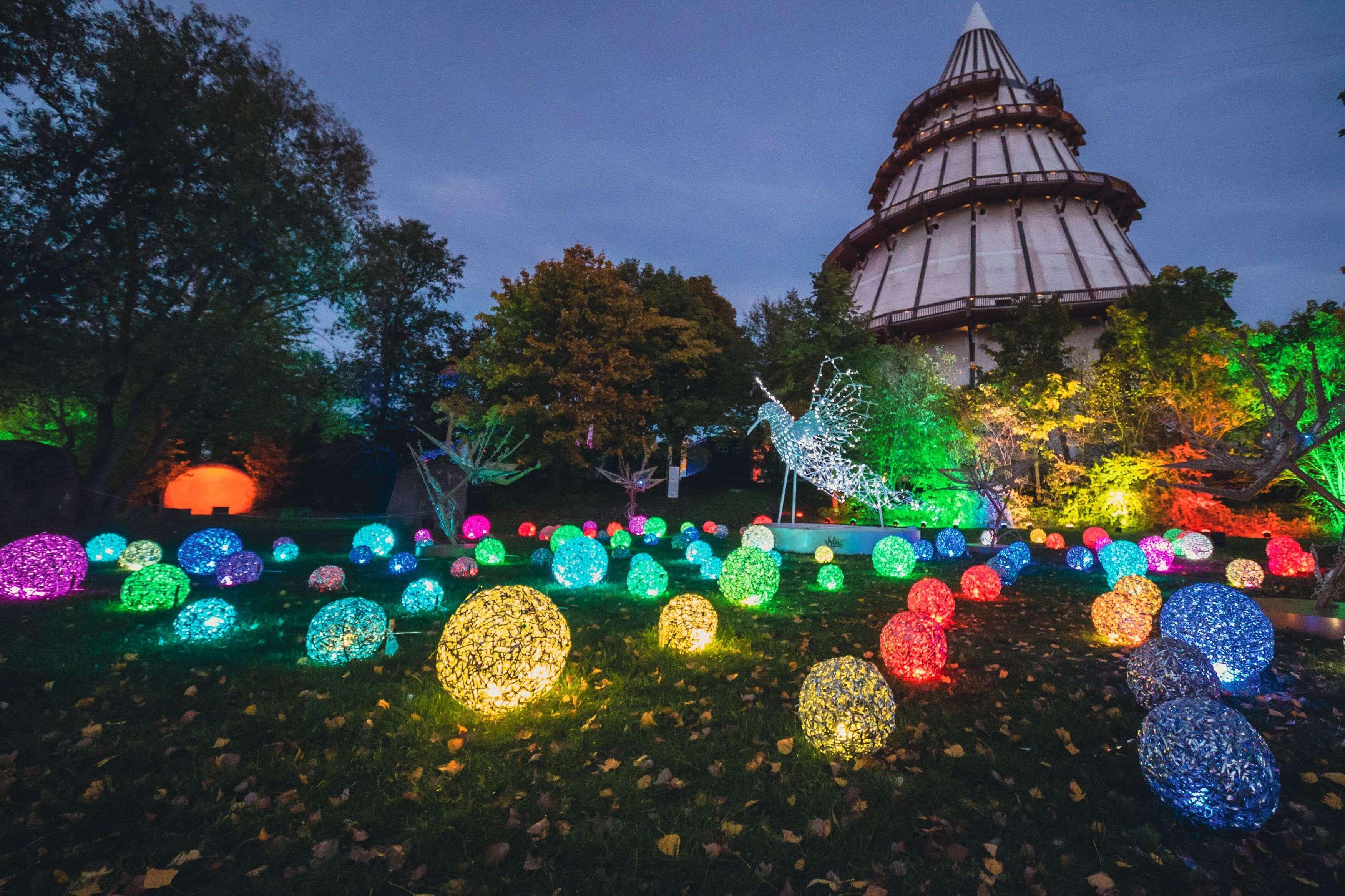 밤에 화려한 조명으로 장식된 공원 모습