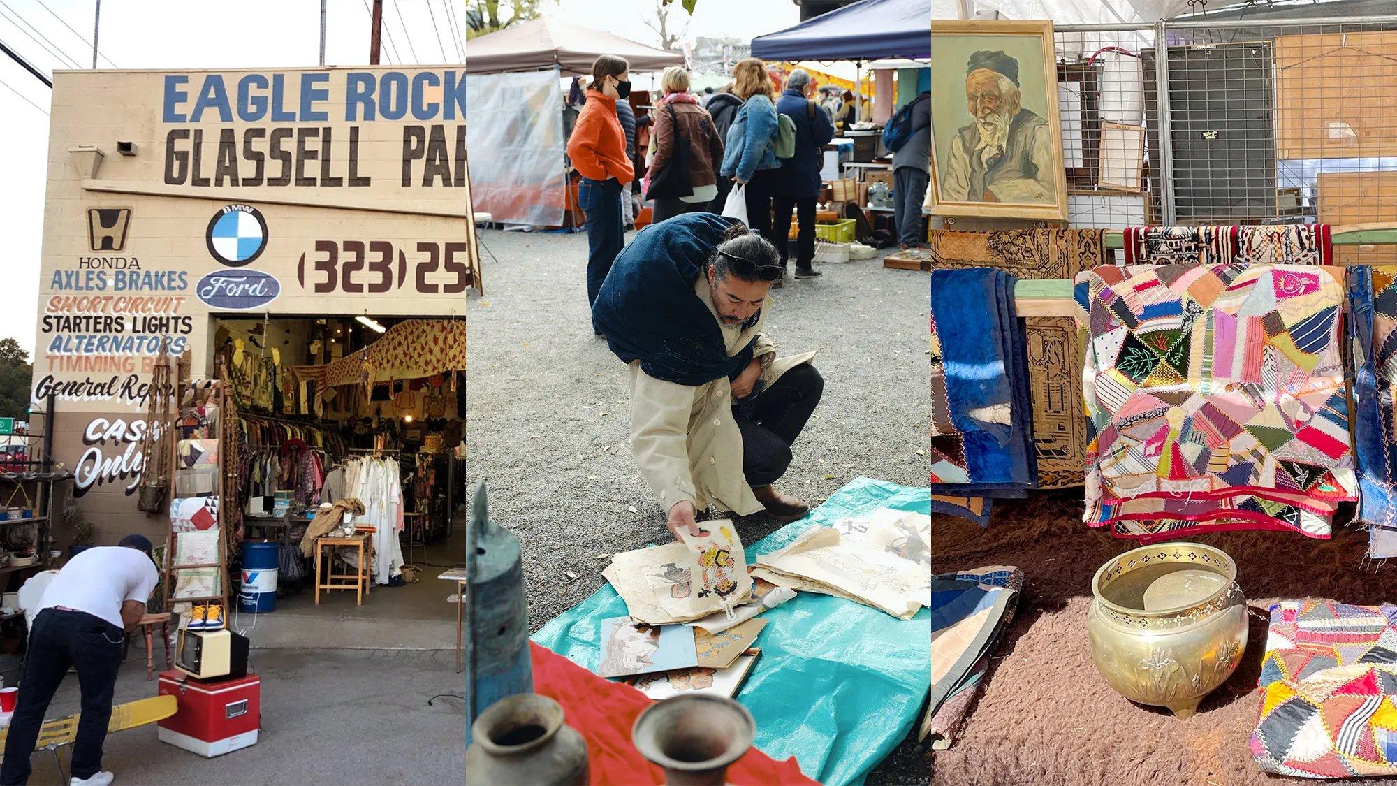 다양한 물건이 쌓인 가판대 앞