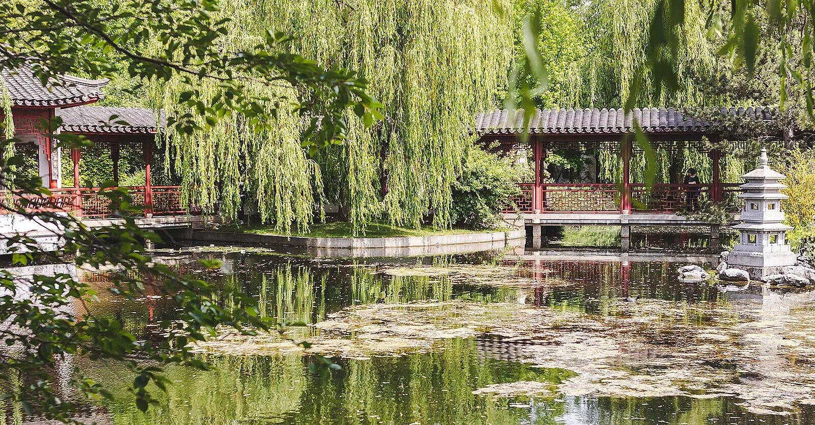 중국 정원 (Chinesischer Garten)의 정자와 연못