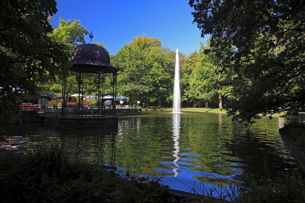 호수 가의 파빌리ऑन과 분수