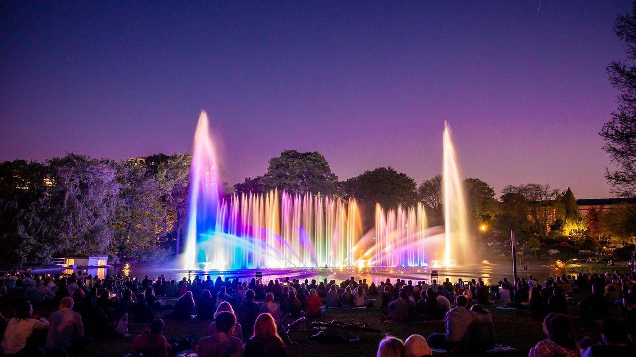 화려한 조명과 함께 펼쳐지는 물-빛 콘서트 장면