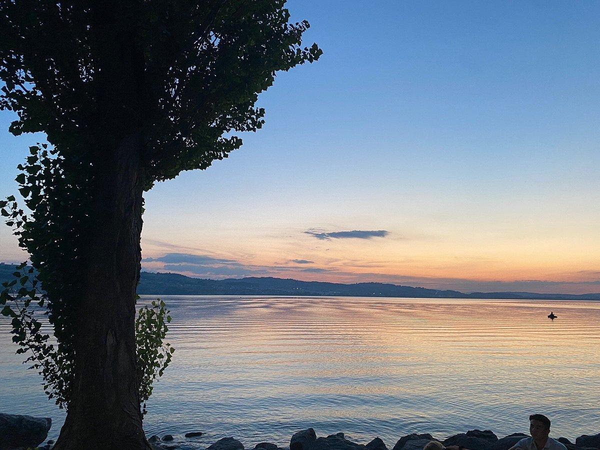 호수와 알프스 배경의 일몰 지점