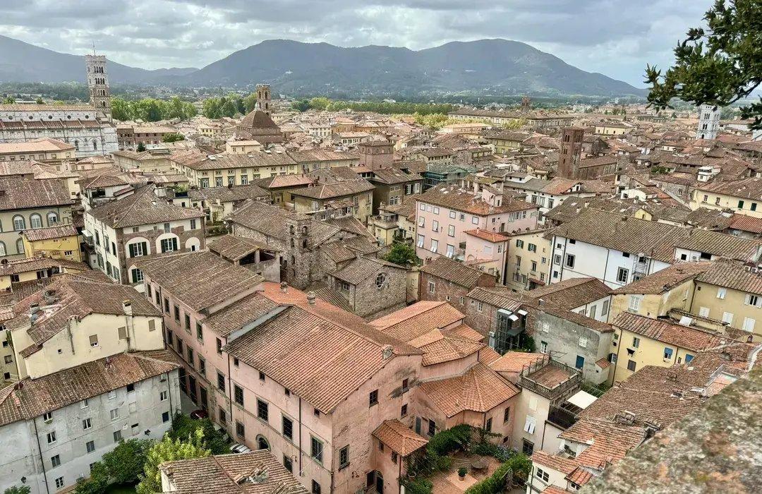 성벽 위에서 내려다보는 문과 주변 풍경
