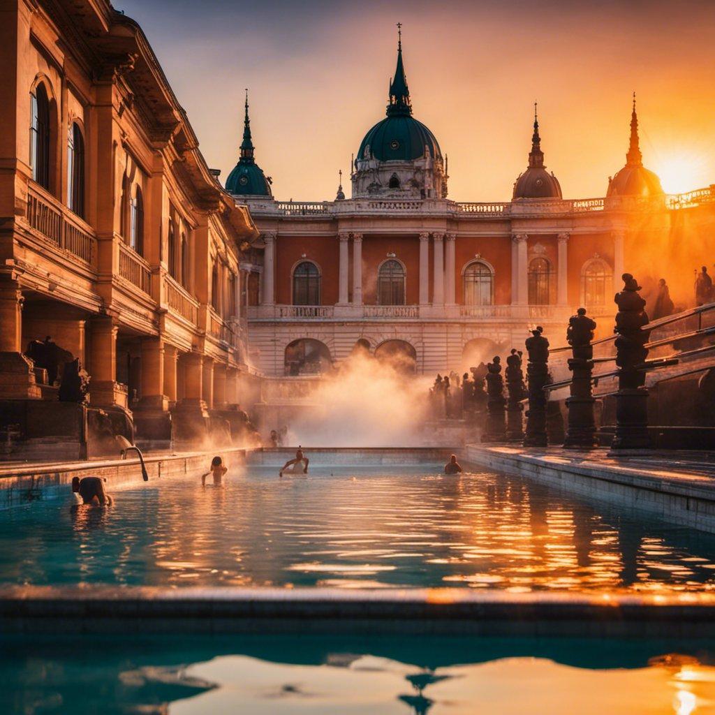 해 질 녘 온천 풀 가장자리