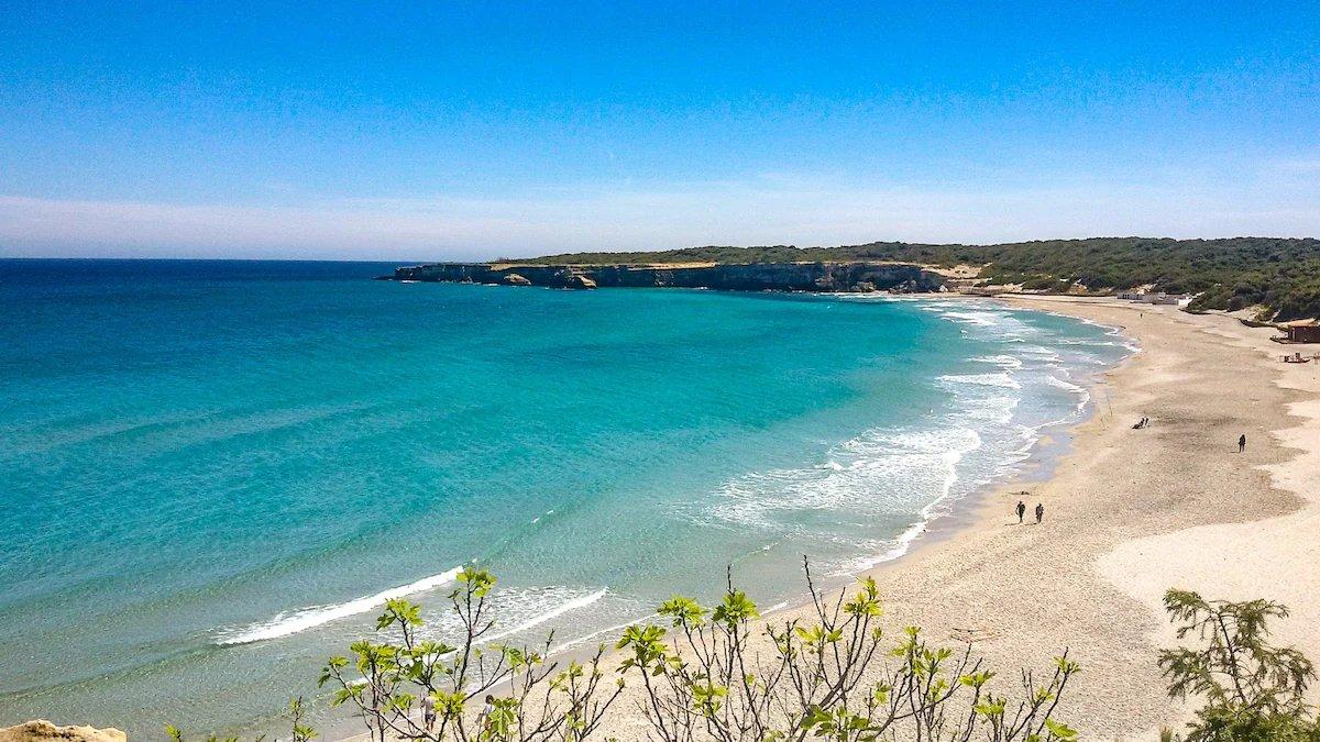 해변 중앙, 청록색 바다 배경