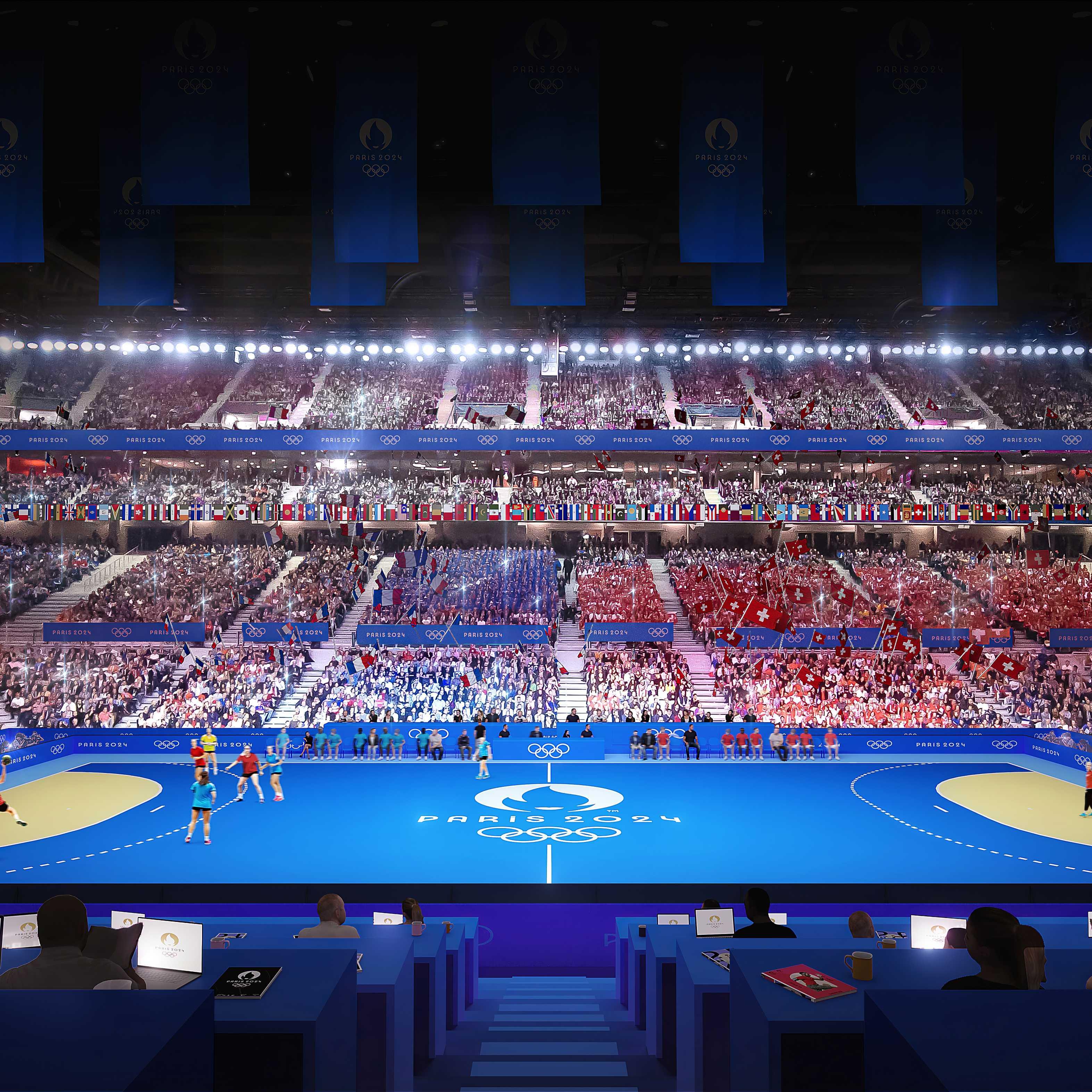 2024 파리 올림픽 로고와 스타드 피에르 모루아 경기장