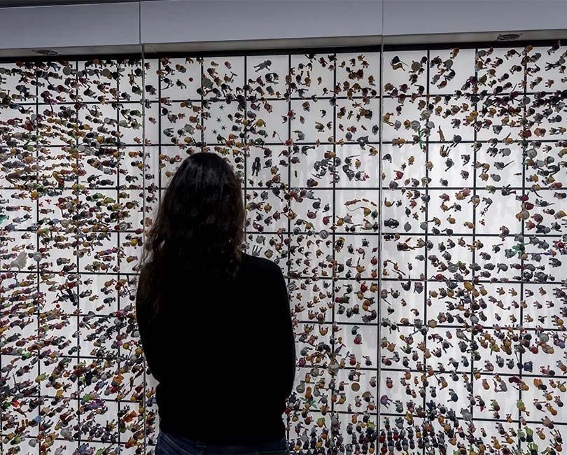 주제 전시 내부의 상호작용형 설치물 앞